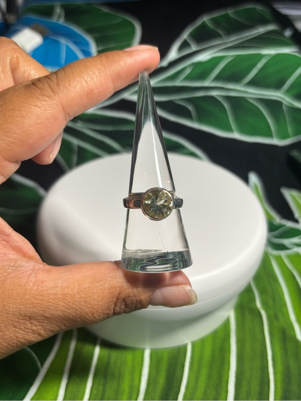 Sterling Silver Ring with Pale Green Amethyst Faceted Stone